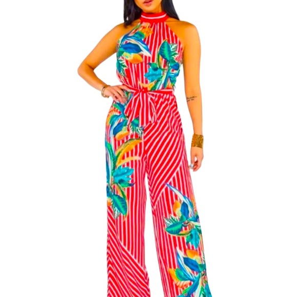 Pants - Women’s Red Multi Striped Halter Neck Wide Leg Pants Jump Suit Plus Size 2X